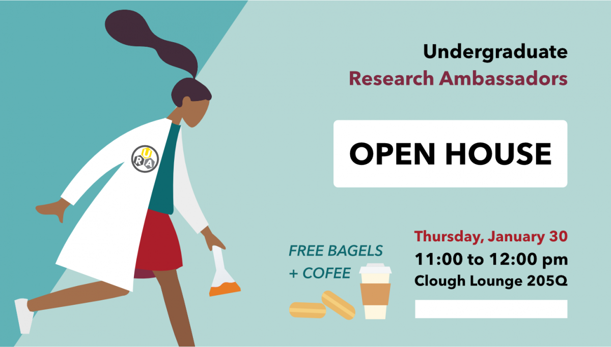 Advertisement for Research Open House 1/30/2020, with free coffee and bagels and a woman holding an erlenmeyer flask