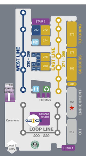 Map of the second floor of the Clough Undergraduate Learning Commons.